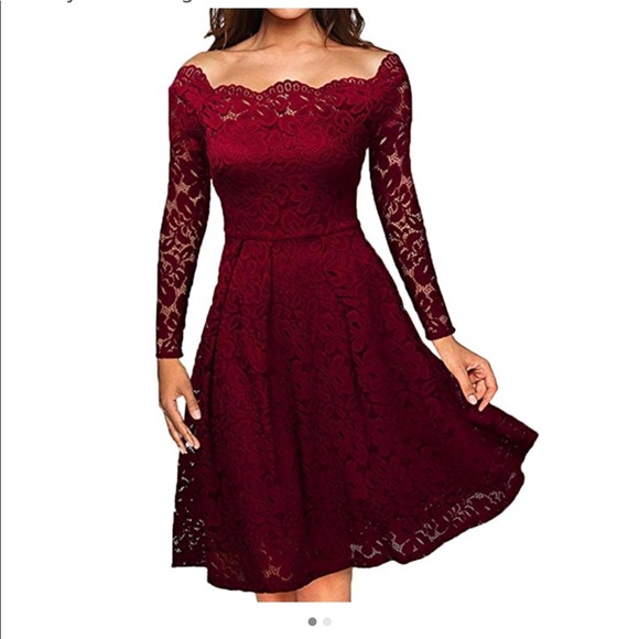 SOLD / Red Wine or BlackDress Off Shoulder Lace - Picture 2 of 8